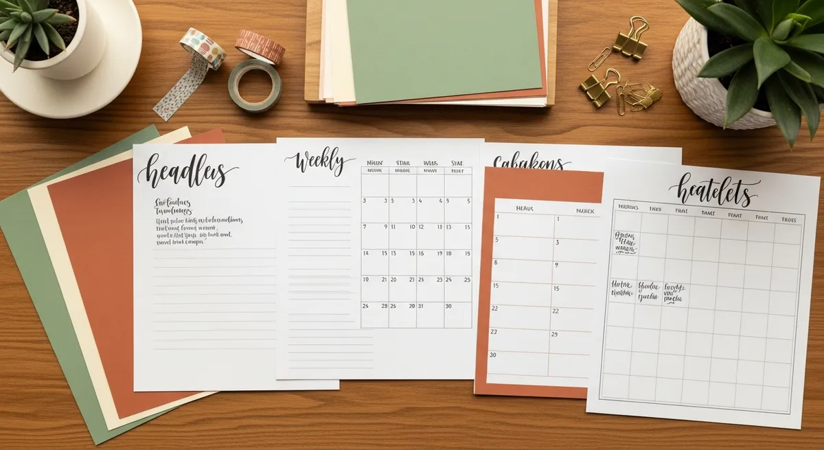 A flat-lay of printed planner pages — daily, weekly, and monthly layouts — on a wooden desk in warm morning light.