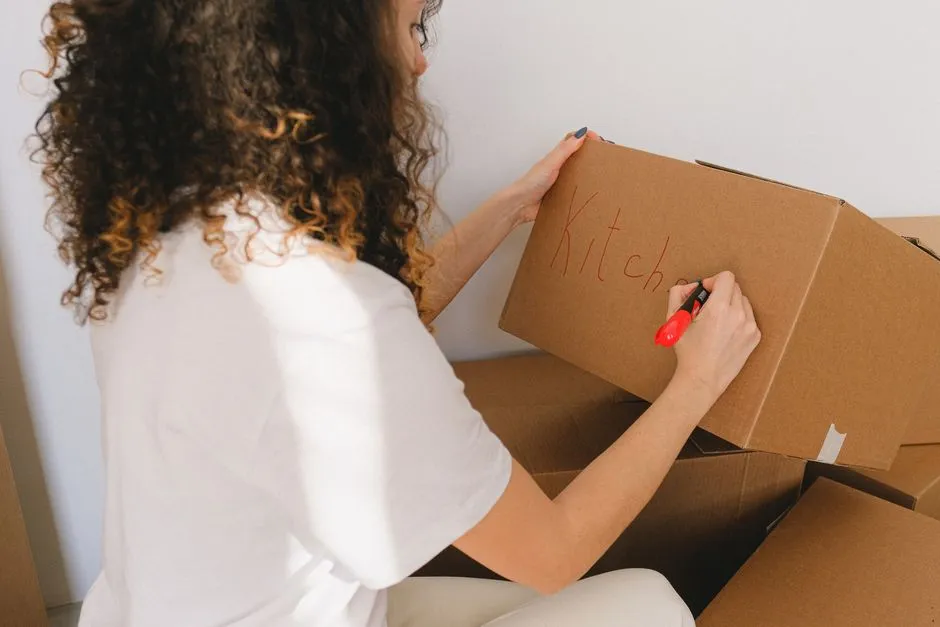 A person writing a label on a storage box, illustrative of organizing and labeling household items.