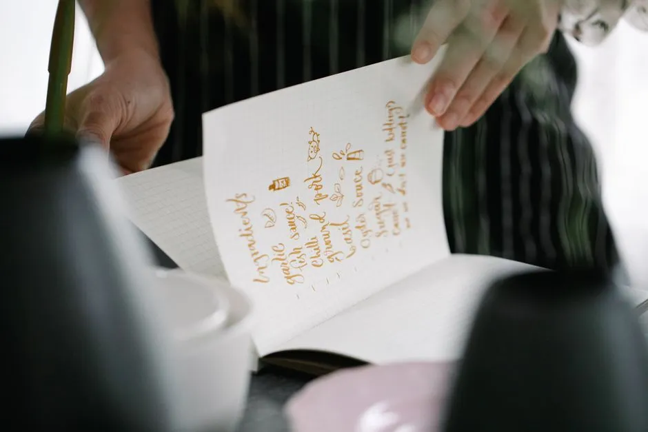 A person's handwritten meal-planning notes and grocery list, illustrative of building a weekly menu on paper.
